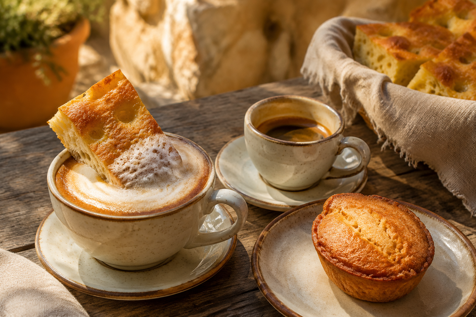 Original editorial rendering of Ligurian focaccia with cappuccino and a Lecce pasticciotto with espresso