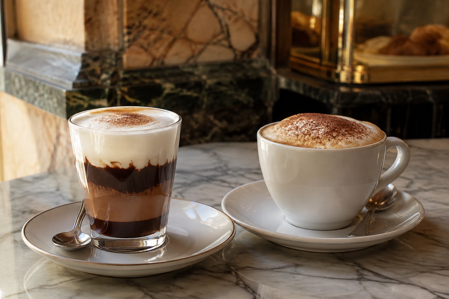 Original editorial rendering of a Turin marocchino and cappuccino with cocoa and cinnamon