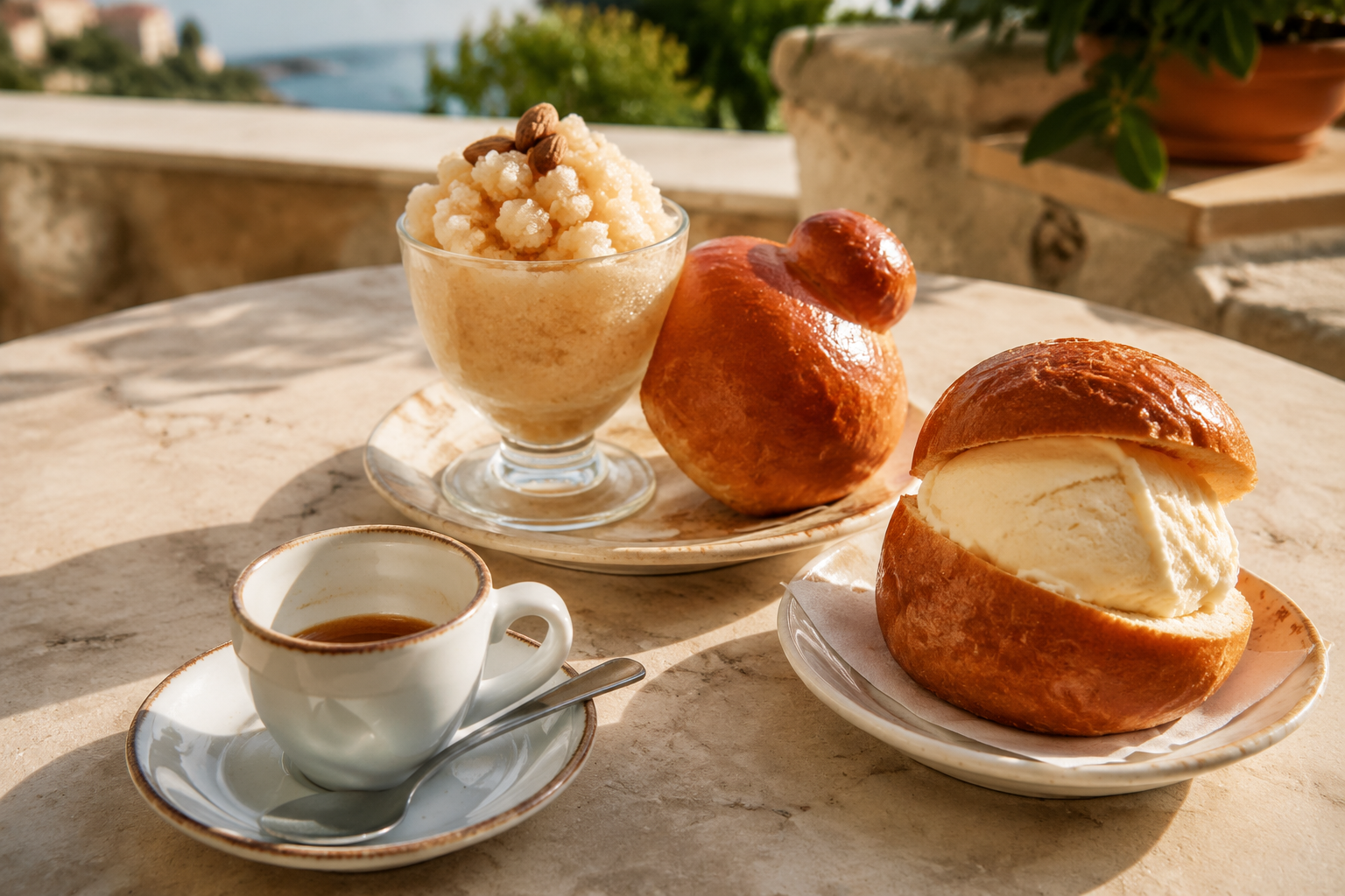 Original editorial rendering of a short Neapolitan espresso, Sicilian granita with brioche and gelato brioche