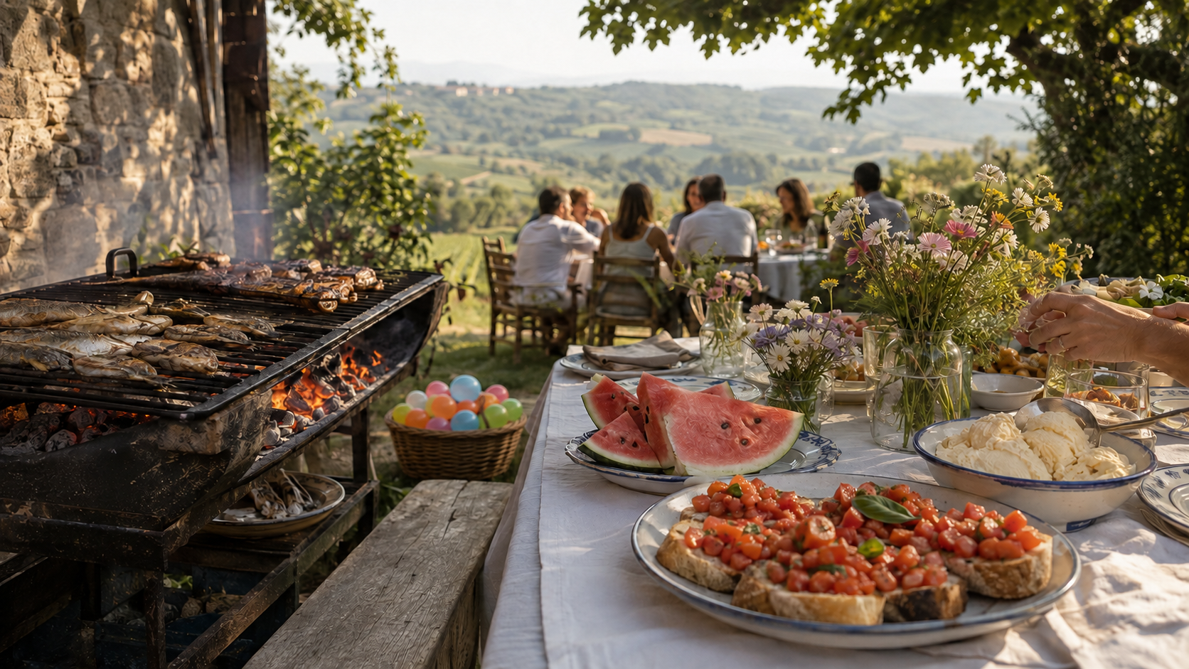 A convivial Ferragosto barbecue and summer table with watermelon, flowers and a basket of colourful water balloons in an Italian country garden