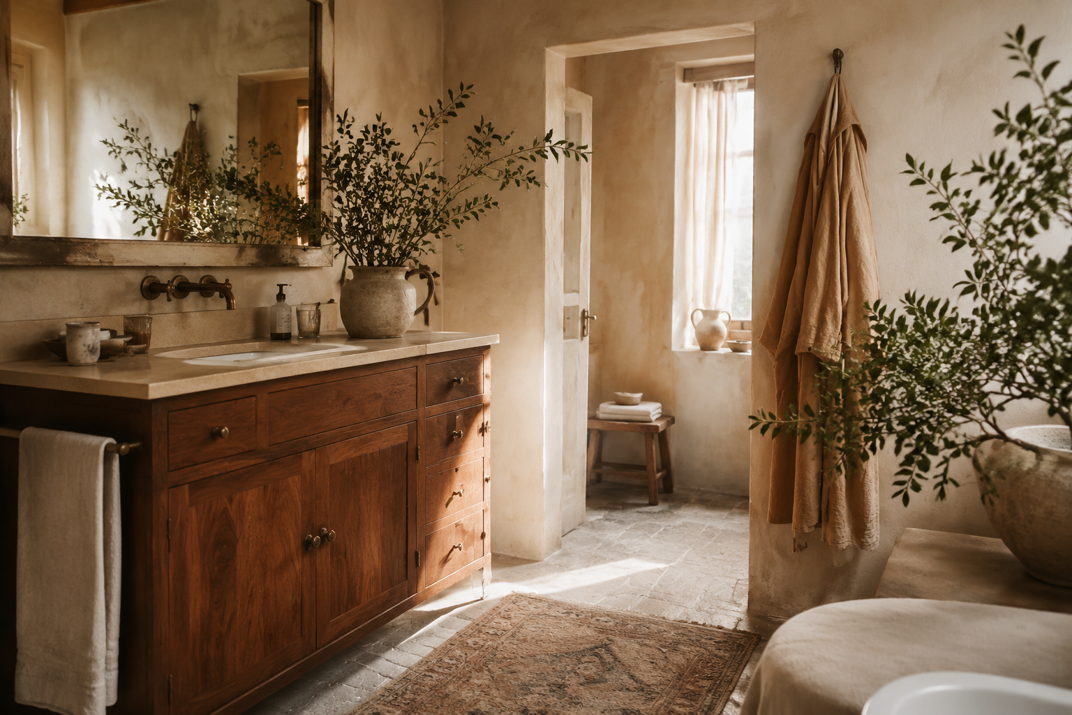 An atmospheric Italian country-house bathroom with warm natural light and a discreet glimpse of its mysterious fourth fixture