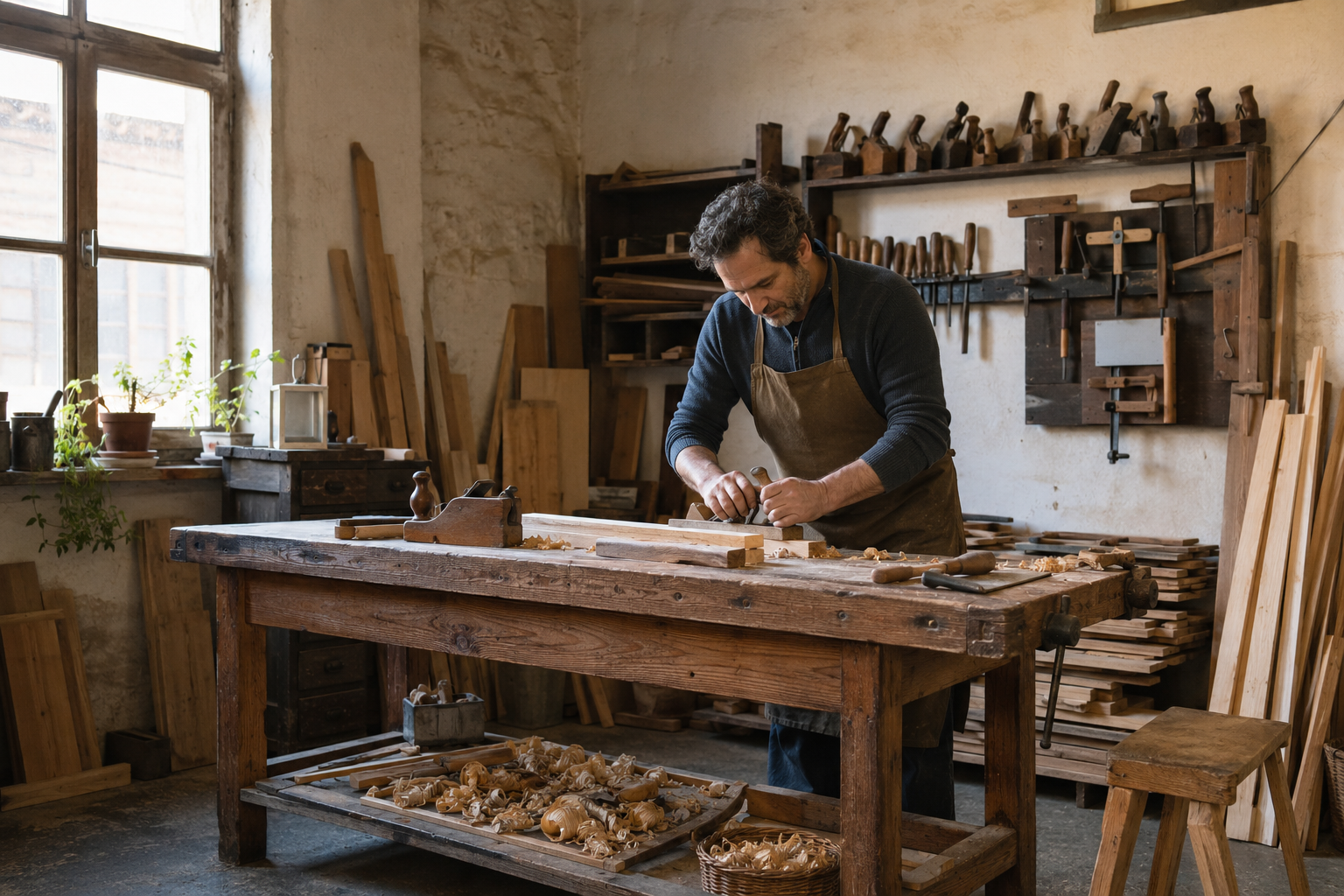 An Italian carpenter working at a wooden bench in his workshop