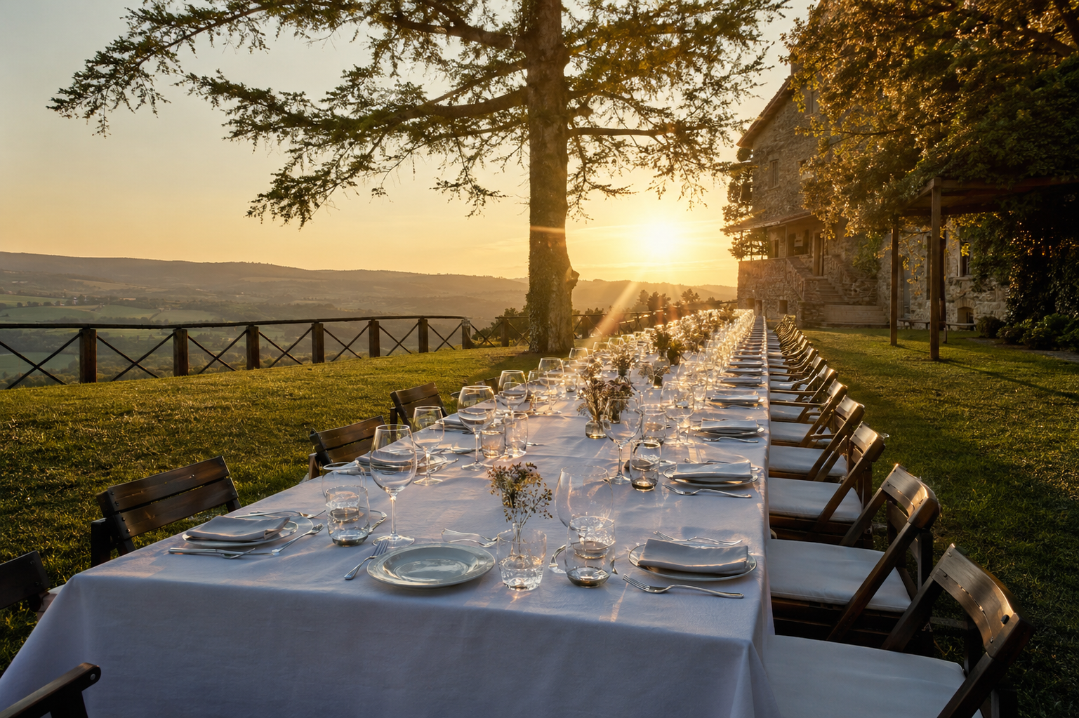 A long elegant table set for dinner at sunset in the Italian countryside