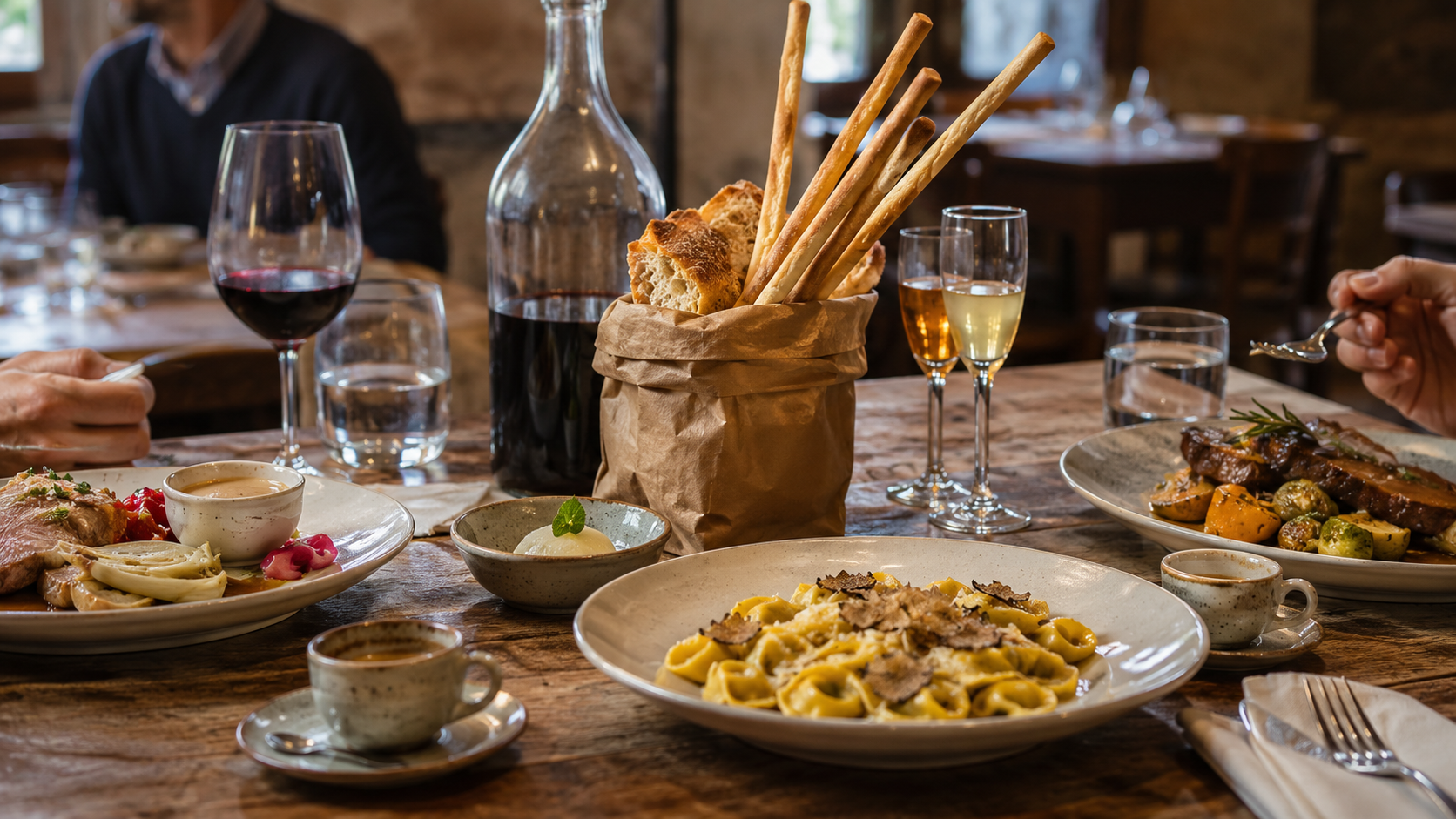 An elegant Italian table with several courses, bread, Piedmontese grissini, coffee and digestifs