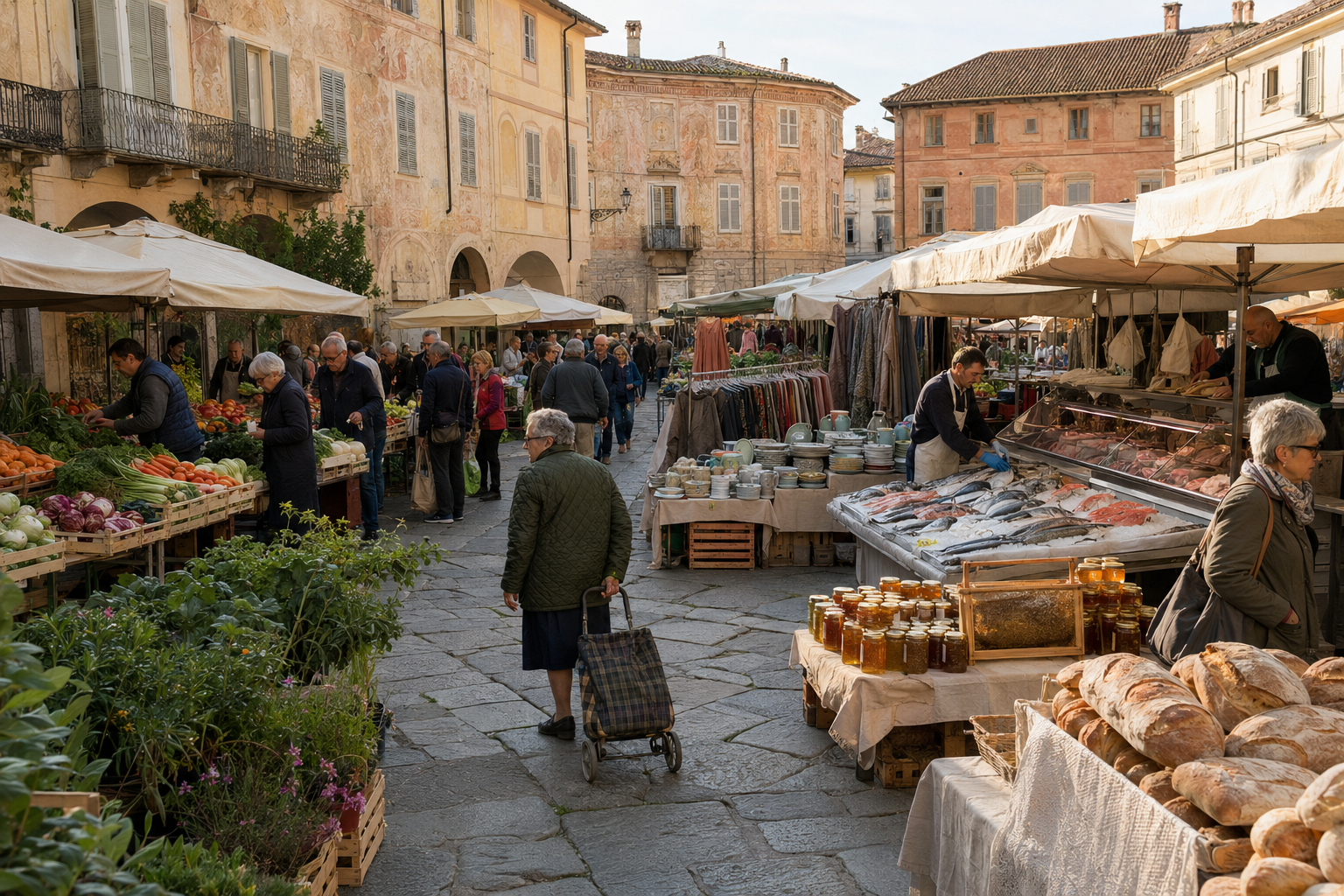 A traditional Italian weekly market filling a historic town square with food and household stalls