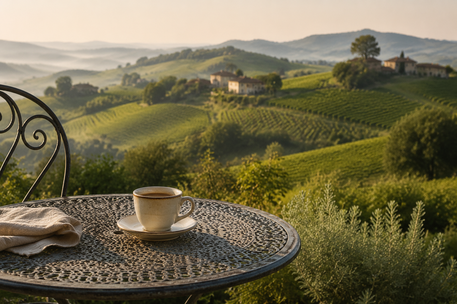 An elegant espresso overlooking the green hills and vineyards of Monferrato